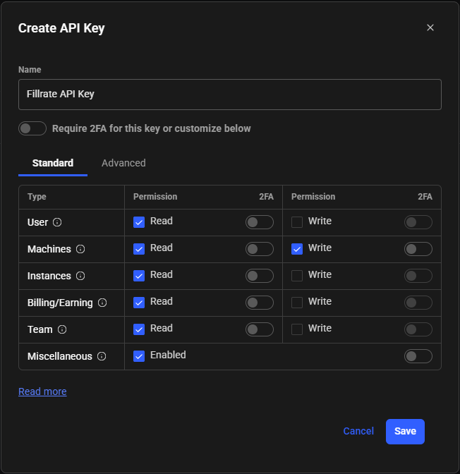Vast.ai Create API Key dialog named Fillrate API Key. Machines has Read and Write checked. User, Instances, Billing/Earning, and Team have Read checked and Write unchecked. Miscellaneous is Enabled. The require-2FA toggle and every row 2FA toggle are off. No API key secret is shown.